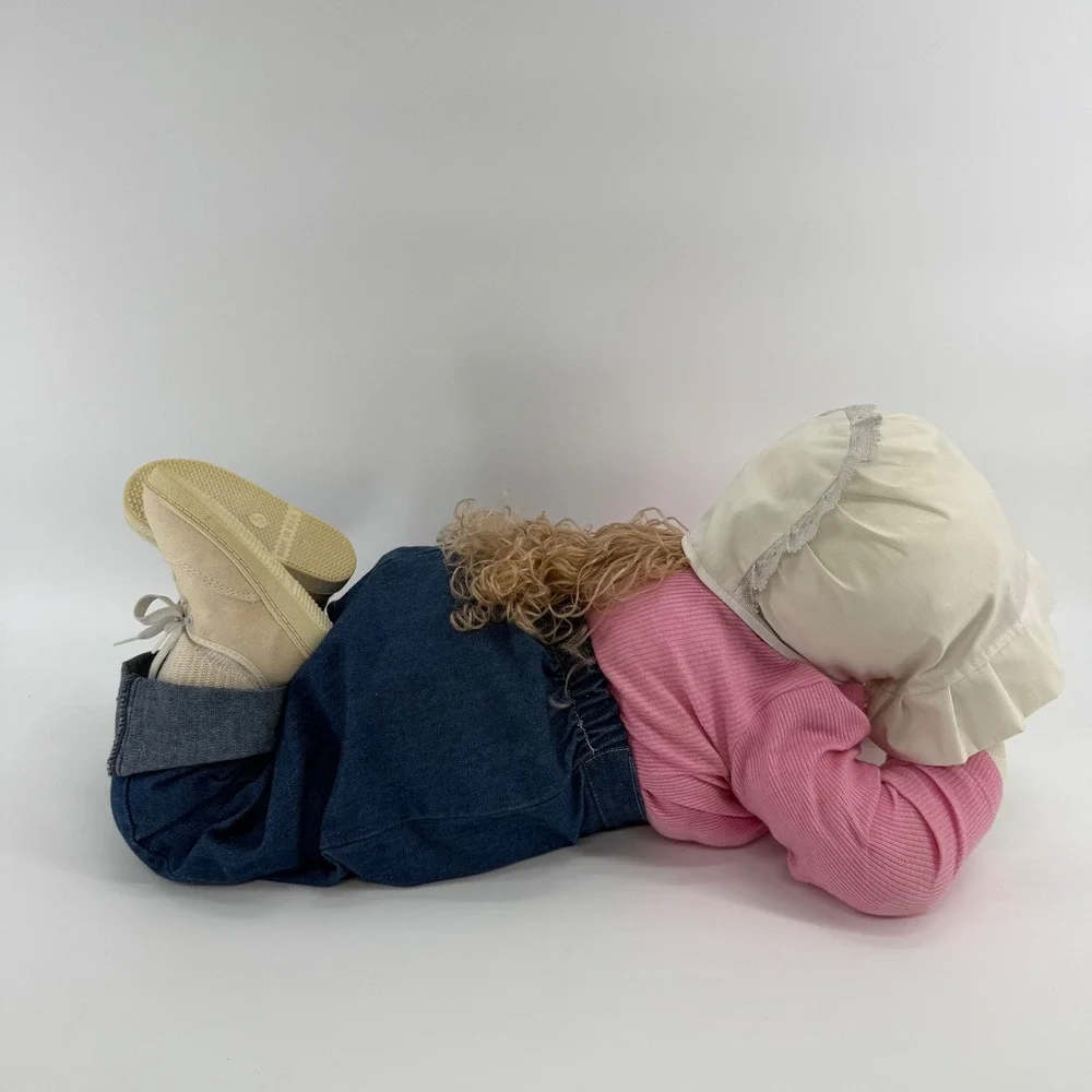 Vintage Time Out Doll Faceless Soft Sculpture Blonde Curly Hair Pink Denim